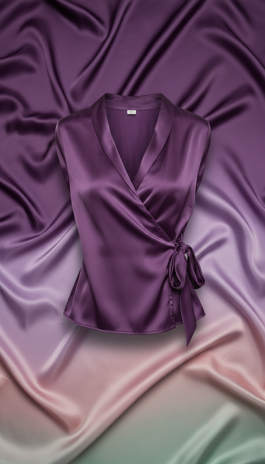 Blusa cruzada satén ciruela oscura